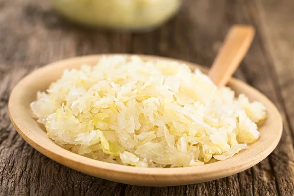 Fresh Healthy Sauerkraut Wooden Plate Photographed Rustic Wood Selective Focus — Stock Photo, Image