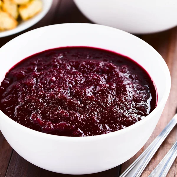 Fresh Homemade Beetroot Cream Soup Bowl Selective Focus Focus One — Stock Photo, Image