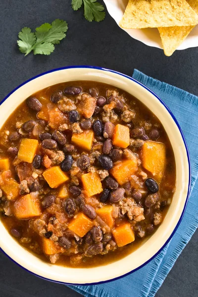 Chili Caseiro Con Carne Com Recheio Carne Feijão Vermelho Preto — Fotografia de Stock