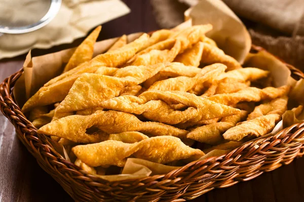 Fresh Homemade Crispy Deep Fried Angel Wing Bowtie Cookies Basket — Stock Photo, Image