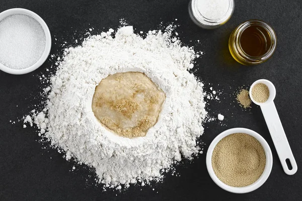Preparing Yeast Dough Bread Pizza Baking Photographed Overhead Slate — Stock Photo, Image