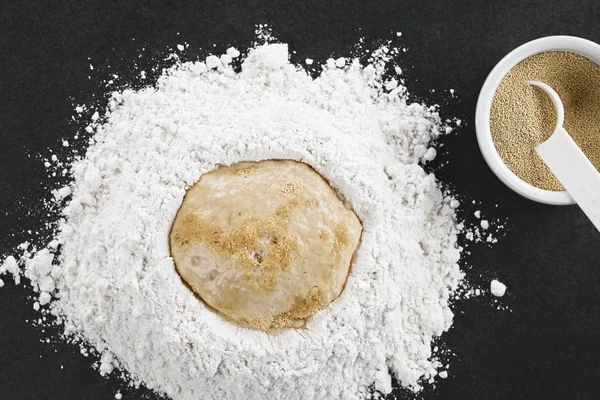 准备酵母面团面包或比萨饼烘烤 在石板上拍摄头顶 选择性焦点 聚焦在面粉中间的发酵酵母 — 图库照片
