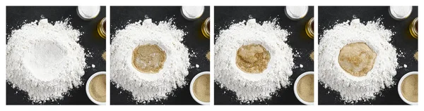 Process of preparing yeast dough for bread or pizza baking with the different stages of the proofing or fermenting of the active dry yeast, photographed overhead on slate