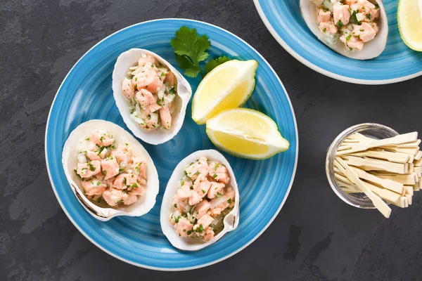 Ceviche Salmão Chileno Caseiro Fresco Com Suco Limão Cebola Alho — Fotografia de Stock