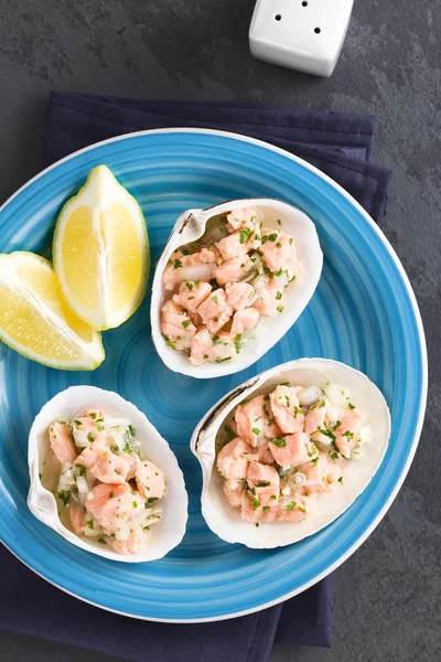 Fresh Homemade Chilean Salmon Ceviche Lemon Juice Onion Garlic Salt — Stock Photo, Image