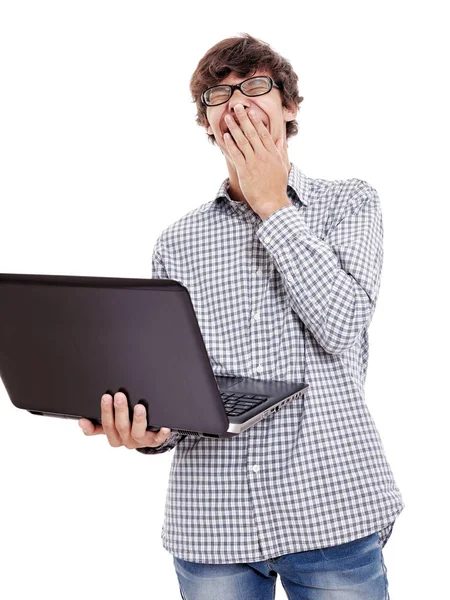 Joven Hispano Con Gafas Negras Sosteniendo Portátil Una Mano Riendo —  Fotos de Stock