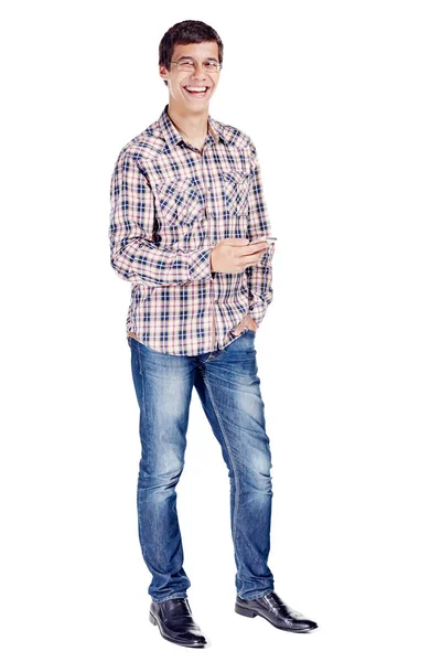 Full Body Portrait Smiling Young Man Mobile Phone Hand Other — Stock Photo, Image