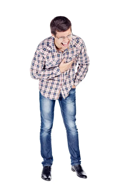 Volledige Lichaam Portret Van Jonge Man Verdubbelen Van Het Lachen — Stockfoto