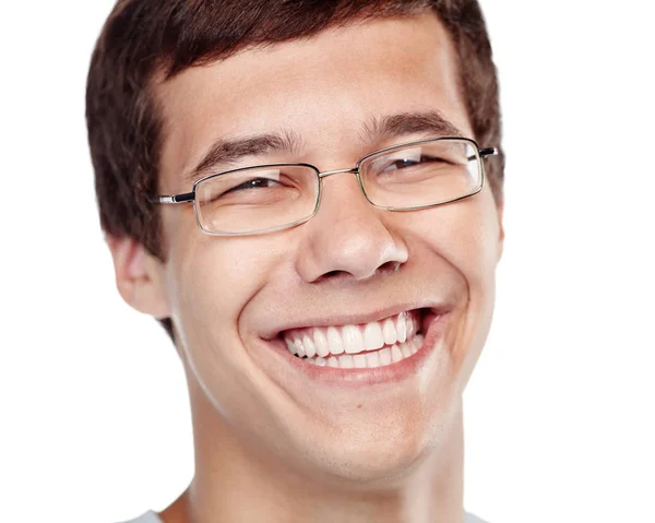 Close Retrato Jovem Homem Alegre Usando Óculos Sorrindo Perfeito Sorriso — Fotografia de Stock