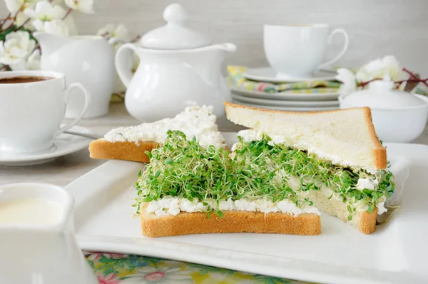 Smörgås Mört Saftigt Grodda Alfalfagroddar Med Mjuk Ricotta Och Kopp — Stockfoto