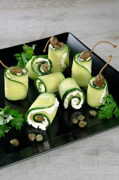 Cucumber Rolls Ricotta Filling Capers Rolls Size Bite Great Option — Stock Photo, Image