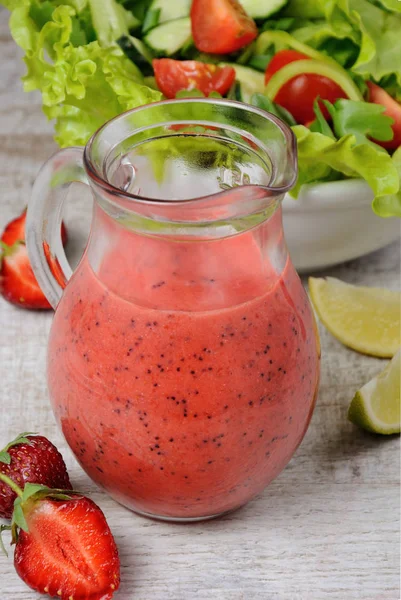 Strawberry Fresh Sauce Mint Poppy Lime Glass Sauceboat — Stock Photo, Image
