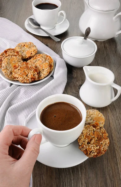 Cup Coffee Gluten Free Cookies Cereals Coffee Table Time Have — Stock Photo, Image