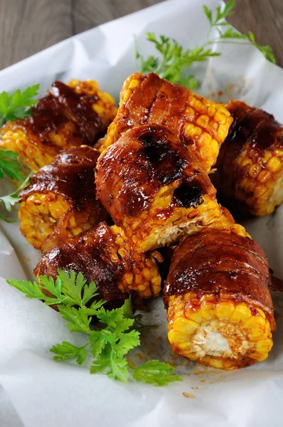 Grilled Corn Wrapped Bacon Slices Bbq Sauce — Stock Photo, Image