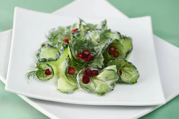 Fresh Cucumber Salad Dill Pomegranate Kernels Yoghurt Sauce — Stock Photo, Image