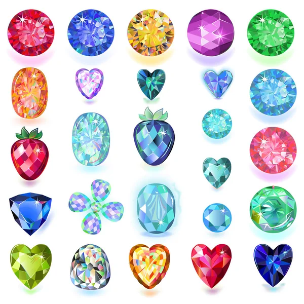 Set Colored Gems Isolated White Background Vector Illustration — Stock Vector