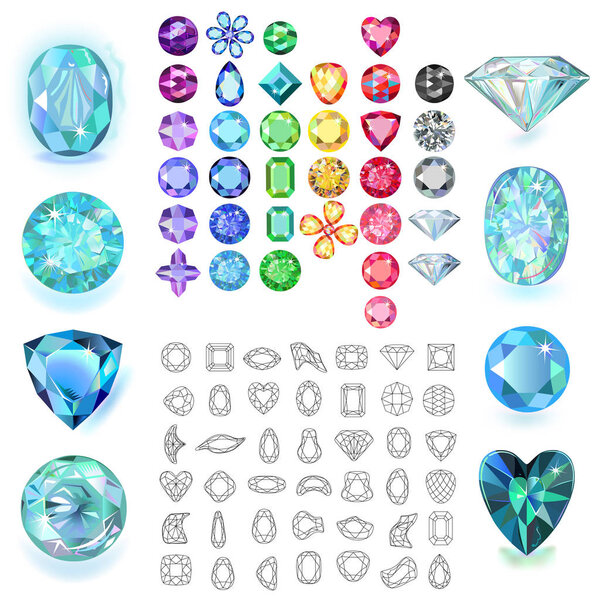 Set of colored gems isolated on white background, vector illustration 