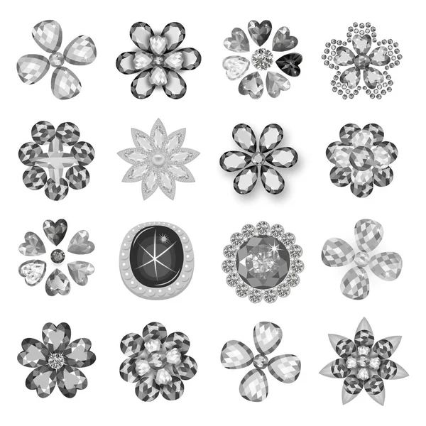 Edelsteine Schmuck Brosche Blumenmuster Set Isoliert Auf Weißem Hintergrund Vektor — Stockvektor