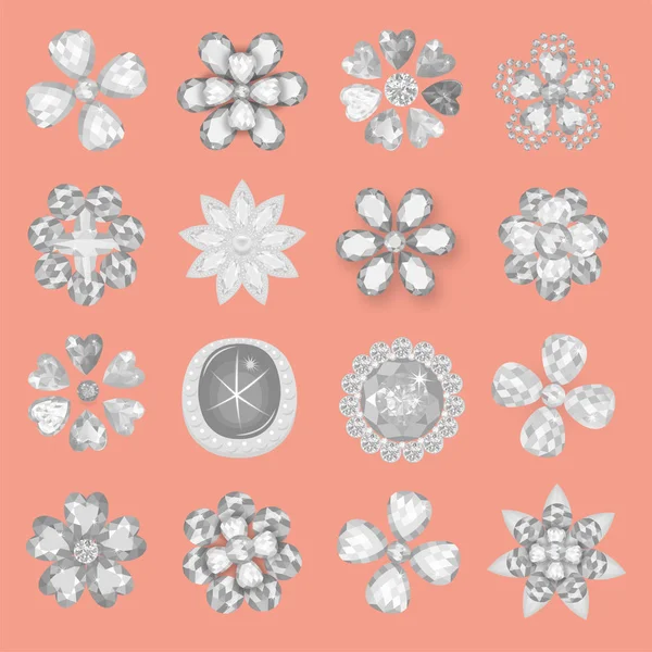 Kieszeni Worek Kamieni Szlachetnych Biżuteria Broszka Kwiat Wzór Zestaw Białym — Wektor stockowy