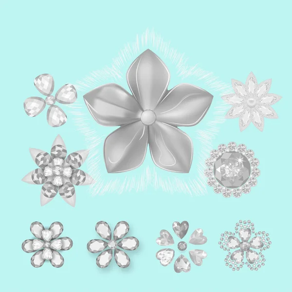 Tasche Edelsteine Schmuck Brosche Blumenmuster Set Isoliert Auf Weißem Hintergrund — Stockvektor