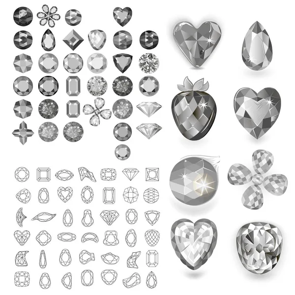 Greyscale Gems Set Isolated White Background Vector Illustration — Stock Vector