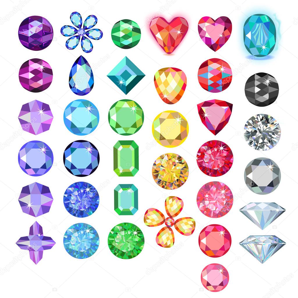 Set of colored gems isolated on white background, vector illustration