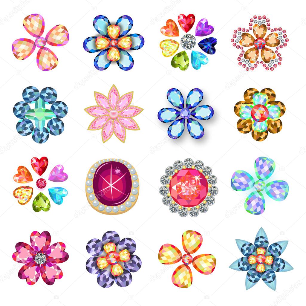 Gemstones jewelry brooch flower pattern set isolated on white background (vector illustration)
