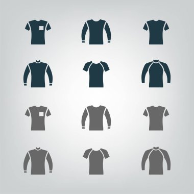 Önden görünüm düz stil kazak, kazak, t-shirt simge seti, izole vektör çizim