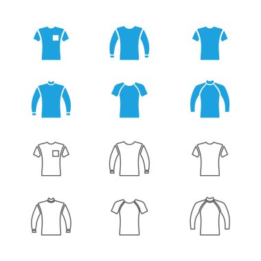 Ön görünüm düz stil kazak, kazak, t-shirt simge seti, vektör illüstrasyon izole beyaz