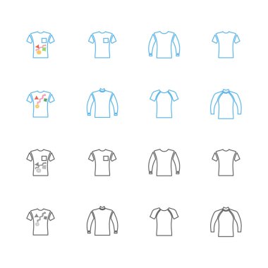 Ön görünüm satır sanat stil kazak, kazak, t-shirt simge seti, izole vektör çizim