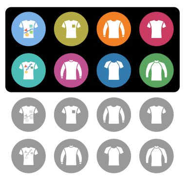 Önden görünüm düz stil kazak, kazak, t-shirt simge seti, izole vektör çizim