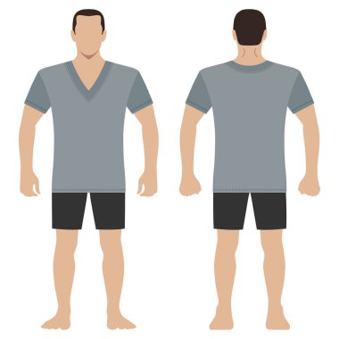 Moda erkek vücut tam uzunlukta şablon şekil siluet şort ve gömlek t (ön, arka sayısı), beyaz arka plan üzerinde izole vektör çizim