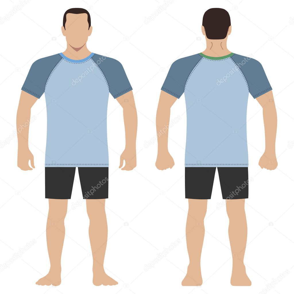 Fashion man body full length template figure silhouette in shorts and t shirt (front, back views), vector illustration isolated on white background
