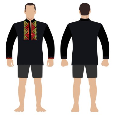 Slav gömlek vyshivanka moda erkek vücut tam uzunlukta şablon şekil siluet şort (ön, arka sayısı), vektör illüstrasyon izole beyaz arka plan üzerinde