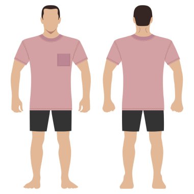 Moda erkek vücut tam uzunlukta şablon şekil siluet şort ve gömlek t (ön, arka sayısı), beyaz arka plan üzerinde izole vektör çizim