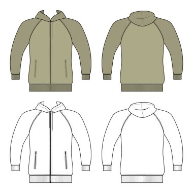 Hoodie ZIP fastener adam şablonu (ön, arka sayısı), vektör illüstrasyon izole arka plan üzerinde