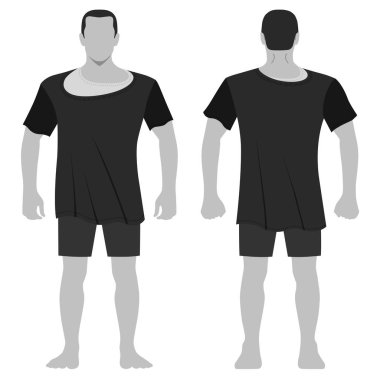 Moda erkek vücut tam uzunlukta şablon şekil siluet şort ve gömlek t (ön, arka sayısı), beyaz arka plan üzerinde izole vektör çizim