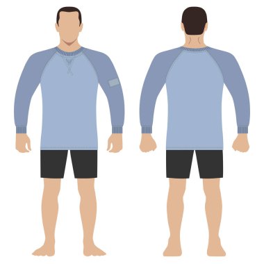 Moda erkek vücut tam uzunlukta şablon şekil siluet şort ve gömlek t (ön, arka sayısı), beyaz arka plan üzerinde izole vektör çizim
