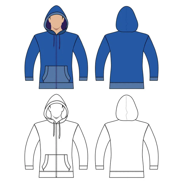 Hoodie Zip Fästelement Mannen Mall Främre Bakre Utsikt Vektor Illustration — Stock vektor