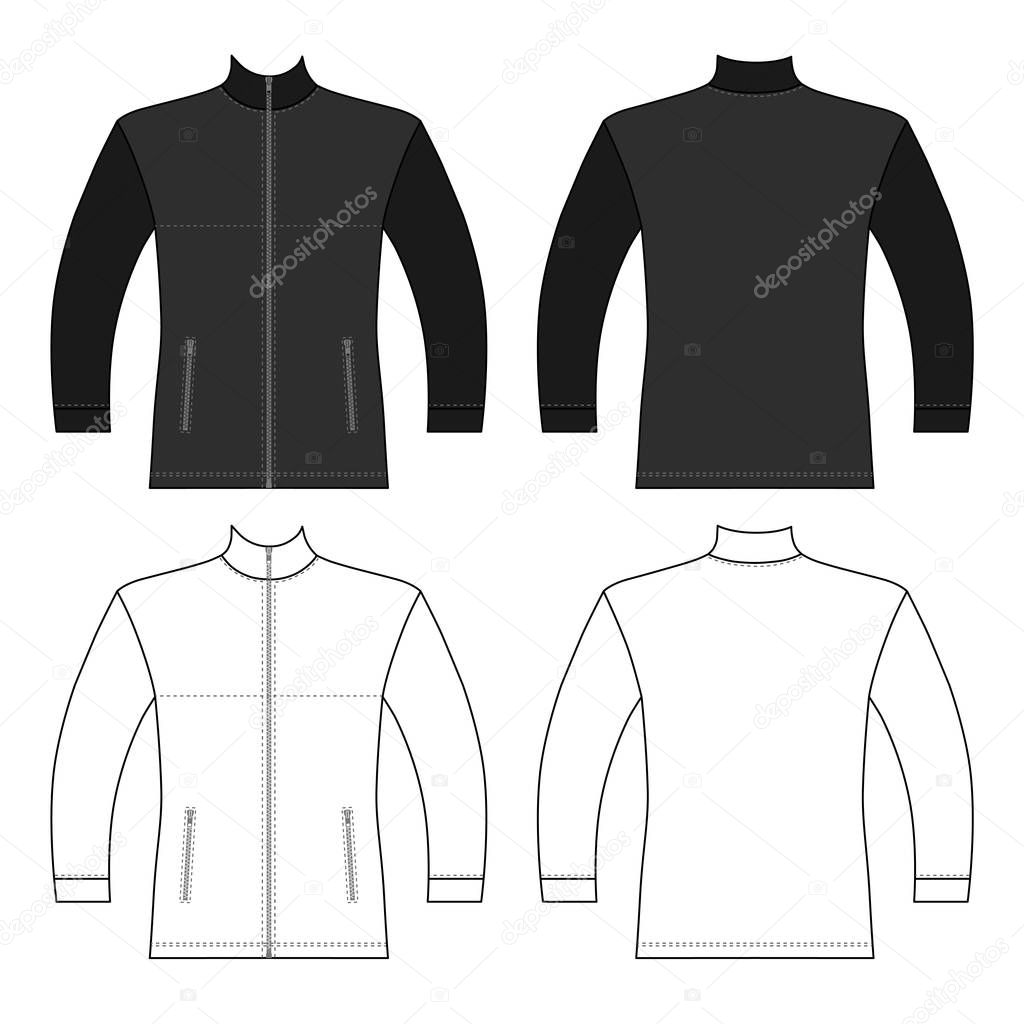 Zip fastener turleneck jacket man template (front, back views), vector illustration isolated on background