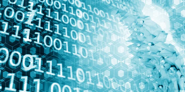 Arka plan Dna bilgisayar bilgilerini. 3D render illüstrasyon. DNA geometrik şekiller