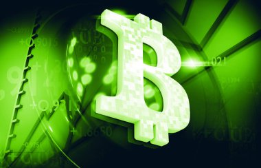Bitcoin cryptocurrency. Portre sembol. Internet para arka plan. 3D çizim