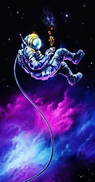 Yalnızlık bir fincan kahve ile. Astronot uzayda kahve içme. Kahve molası. Renkli çizimi