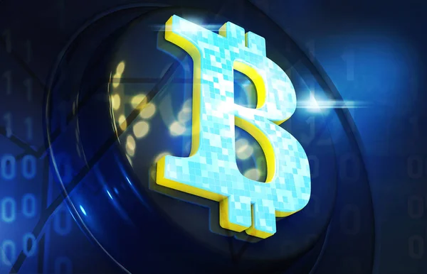 Bitcoin cryptocurrency. Portre sembol. Internet para arka plan. 3D çizim