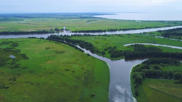 Vol au-dessus de la rivière dans les prairies — Video