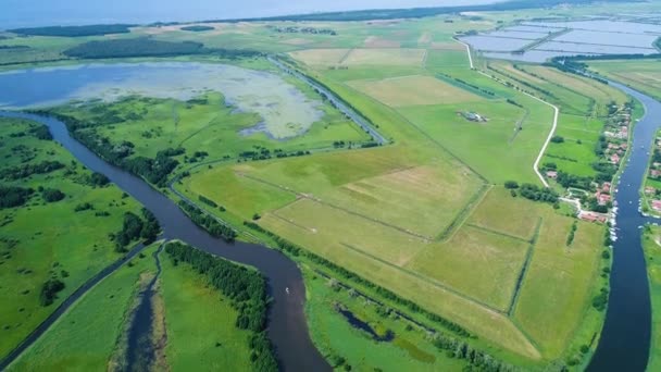 Vlucht over de rivier in weilanden — Stockvideo