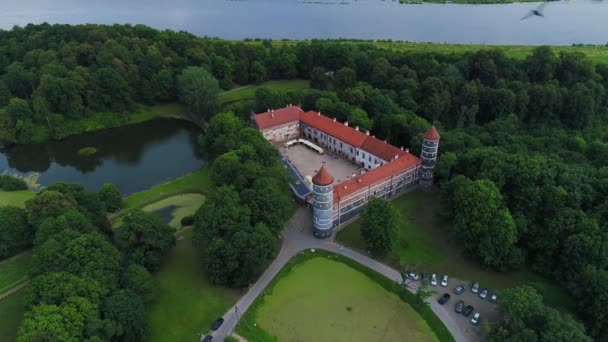 Vuelo sobre viejo castillo en bosque verde — Vídeos de Stock