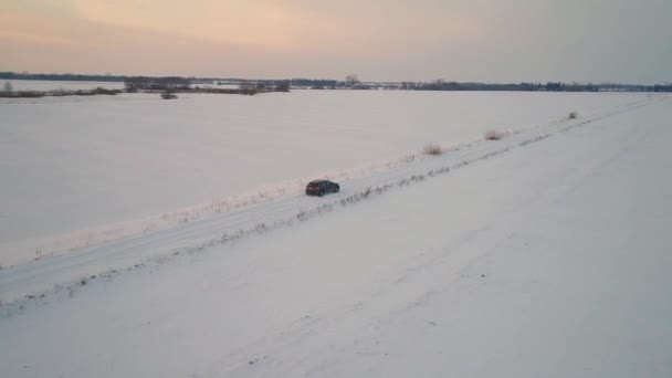 Auto verplaatsen in de winter filds — Stockvideo