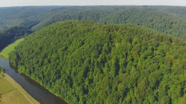 Vuelo sobre el verde valle del río — Vídeo de stock