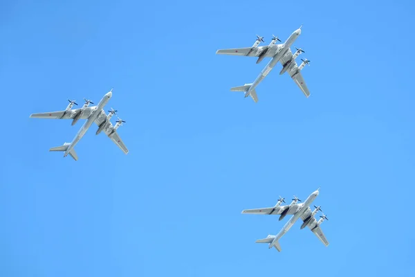 Moscow Rússia Maio 2018 Três Bombardeiros Estratégicos Russos Turboélice Míssil — Fotografia de Stock